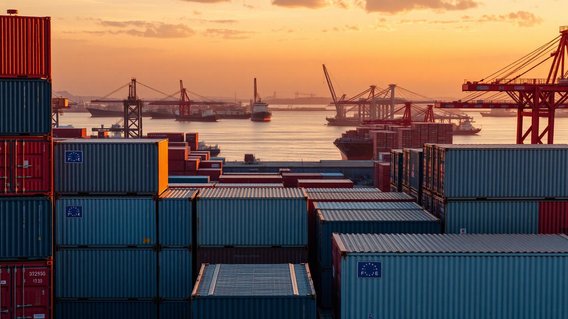 Refrigerated shipping containers at a Brazilian port at golden hour